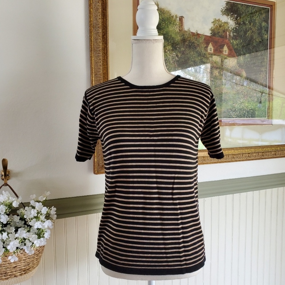 Vintage Saint Germain 100% Silk stretchy soft black and tan striped top 90s y2k